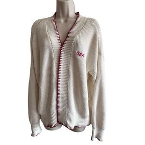 Hollister Chic Cream USA Long Cardigan with Red Trim ~ size Large